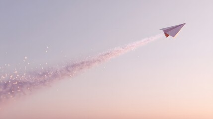 a sleek paper plane flying from the left side of the frame, leaving a soft trail of glowing purple particle light