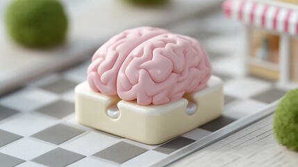 Playful isometric illustration featuring a whimsical pink brain on a puzzle piece in a lively urban setting. Healthy Aging Month