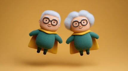 Elderly superhero duo with gray hair soars through a vibrant yellow backdrop, celebrating adventure and wisdom in their unique capes. Healthy Aging Month