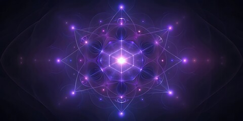 A luminous purple and blue sacred geometry mandala with glowing particles.