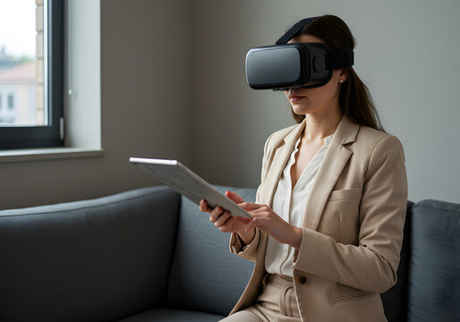 Businesswoman uses VR headset and tablet, exploring virtual reality, modern office setting.