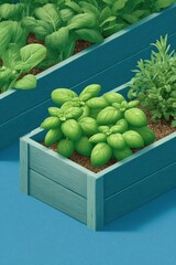 Lush basil thriving in a vibrant garden bed surrounded by fresh greens and herbs in a modern horticultural design. National Organic Month