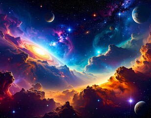 Vibrant cosmic landscape featuring swirling nebulae, planets, and luminous clouds.