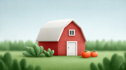 Charming hand-drawn farm with a red barn surrounded by vibrant green plants and ripe tomatoes under a serene sky. National Organic Month