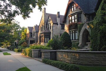 Obraz premium Logan Square old homes with classic architecture and stone walls, early morning