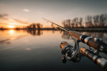 Scenic Fisherman Angle Showing Detail of Fishing Rod Against Stunning Sunset Over Tranquil Lake Water