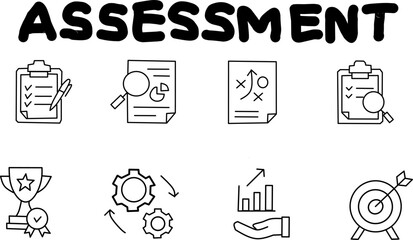 Line icons themed around assessment, featuring checklists, analytics, strategies, performance, and targets—ideal for business, education, HR, and project management visuals.