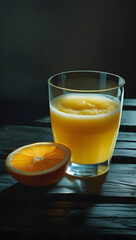 Fototapeta premium glass of orange juice on a wooden table