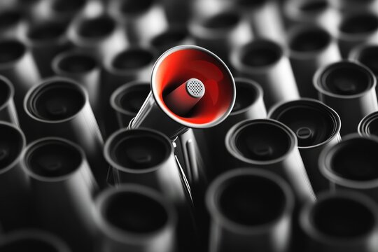 Leadership and attention grab idea with one standout megaphone among rows, communication metaphor