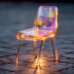 Transparent chair with colorful light reflections stone floor dusk
