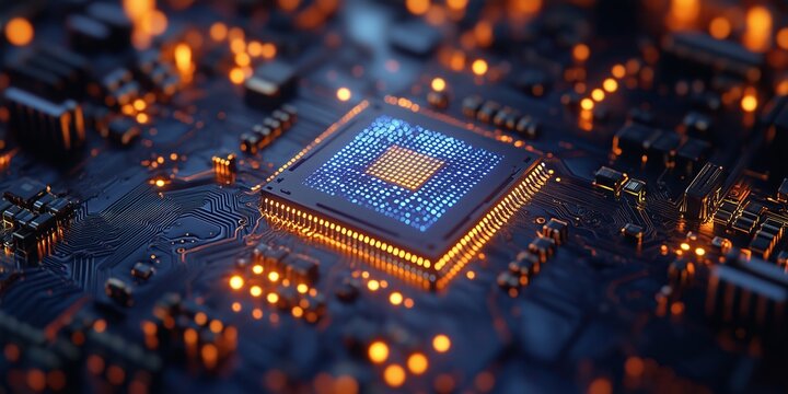Close-up of a computer microchip controlling the operation of a circuit board