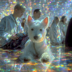 White dog lying on colorful reflective floor with people