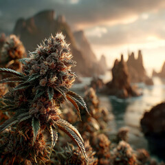 Cannabis plant close up with rocky coastal landscape and warm light
