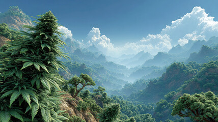 Lush green mountain valley with dense forest and misty clouds