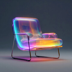Transparent modern armchair with colorful glowing light and metal