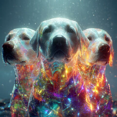 Three glowing dogs with colorful light reflections create magical