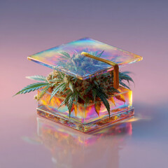 Graduation cap with colorful glass effect and green plant inside