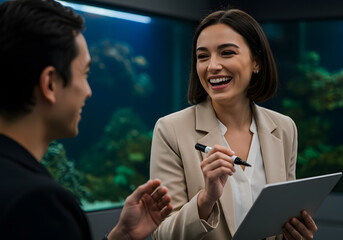 A smiling businesswoman in a beige blazer holds a tablet and marker while talking to a male colleague in front of a large aquarium.