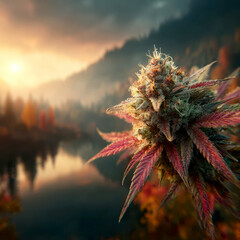 Cannabis flower with colorful leaves glowing in warm sunset light