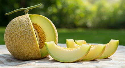 Cantaloupe slices on table fresh fruit