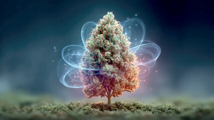 Cannabis plant with glowing magical aura in dark background