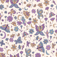 Enchanting pattern features a whimsical scene where moths and butterflies flutter among dreamy florals and crescent moons.