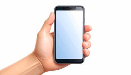 A human hand holding a smartphone, displaying a blank, blue screen.