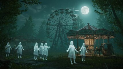 Eerie carnival scene with ghostly figures at night