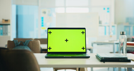 Empty, school and laptop with green screen, desk or display for exam in classroom, education or web. Online, computer and digital app for test in university, mockup space and technology in academy