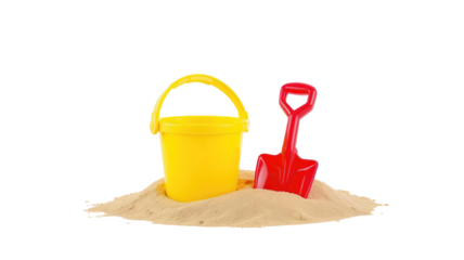 Bucket & shovel in sand on transparent background png