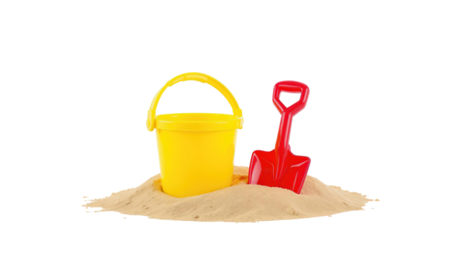 Bucket & shovel in sand on transparent background png