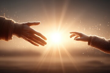 Connection and Hope: Hands Reaching Towards Each Other with Radiant Light Background - Symbol of Human Touch and Spiritual Unity