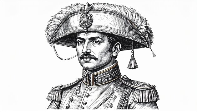 Vintage Engraving of King Prithvi Narayan Shah of Nepal, Historical Portrait Illustration