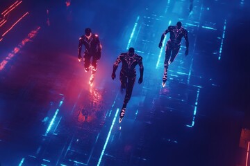 Digital figures glide across a glowing pathway.