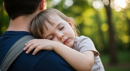 Child sleeping on parent shoulder outdoors