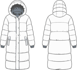 Long hooded puffer coat CAD drawing, flat vector fashion illustration, front and back view winter jacket technical sketch template