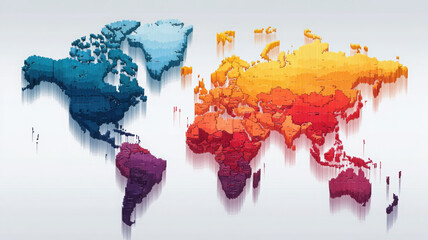 Colorful 3D world map with gradient effect and pixel blocks