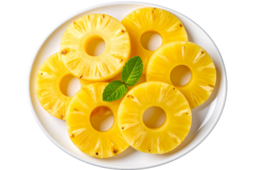 Freshly Cut Pineapple Rings on White Plate with Mint Leaves, Isolated on Transparent Background
