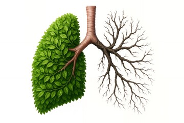 Illustration of human lungs depicted as a tree, one side healthy with green leaves, the other barren, showing damage, concept for respiratory health awareness, environmental impact, and medical