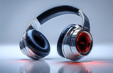 Futuristic Metallic Headphones with Red Glow on Reflective Surface

