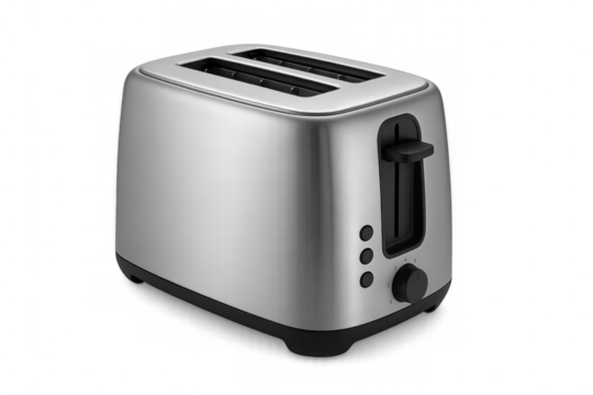Chrome two-slice toaster with black lever and control knobs on transparent background, perfect for breakfast visuals