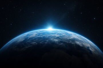 Obraz premium Scenic view of Earth rising over the horizon with bright sunlight in space, concept for science visualization, astronomical presentation and cosmic background.