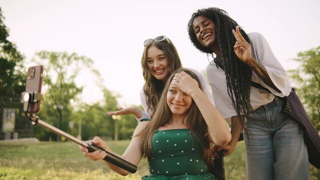 three multiracial female friends one disabled in a wheelchair are enjoying a sunny day in the park taking selfies with a selfie stick while sharing laughter and good times outdoors