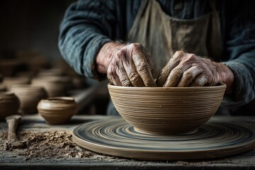 Close-up of Artisan's Hands Crafting Pottery on a Spinning Wheel in a Rustic Workshop Setting