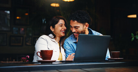 Laptop, happy and couple with coffee in cafe with laugh, bonding or talking on morning date...