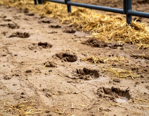 Equestrian Trail Markings: A close-up perspective captures detailed hoofprints imprinted in moist, textured earth, providing a tangible connection to the presence of horses.