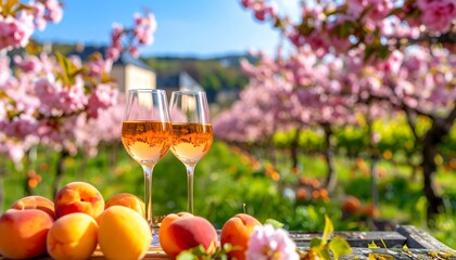 Ros Wine Toast with Peaches with Cherry Blossoms, and and Scenic Vineyard View.