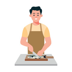 Man Slicing Fish with Knife