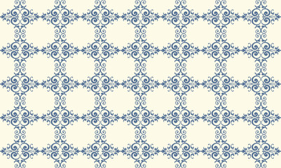 light cream background with a repeating blue floral pattern, ornate and decorative, vintage style design