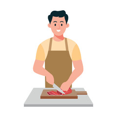 Man Chopping Meat on Cutting Board